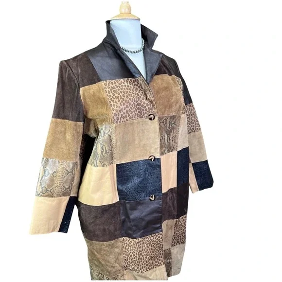 Via Accenti Vtg Patchwork Leather Animal Print Coat Brown Tan Sz 16W / 18W Y2K - Picture 3 of 6